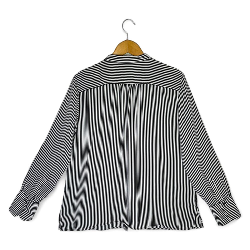 Ann Taylor Striped Button Down Collarless Shirt Size L Black White Stripes - Picture 3 of 9